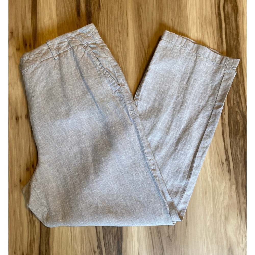 LL Bean Classic Fit 100% Linen Pants Tan Beige Straight Leg Women 14 Reg 287695